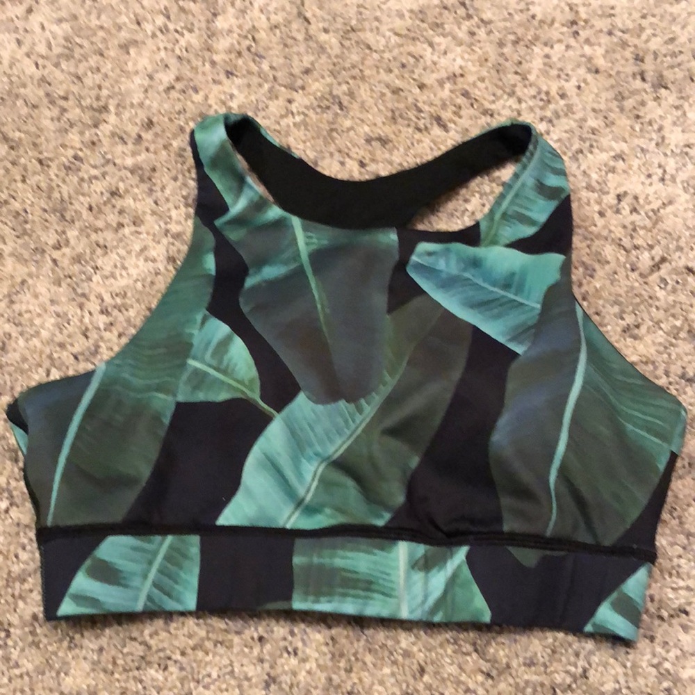 Mono B sports bra. Size S. Black with green leaf print.